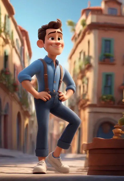 Pixar 3D cartoon character of a man in blue dress shirt sticking out of his pants, Denim Jeans Pants, black sneakers, animation character, barba curta, nariz arrebitado pequeno, orelhas pequenas, cabelos para cima,, rosto fino, com imagem de fundo no centr...