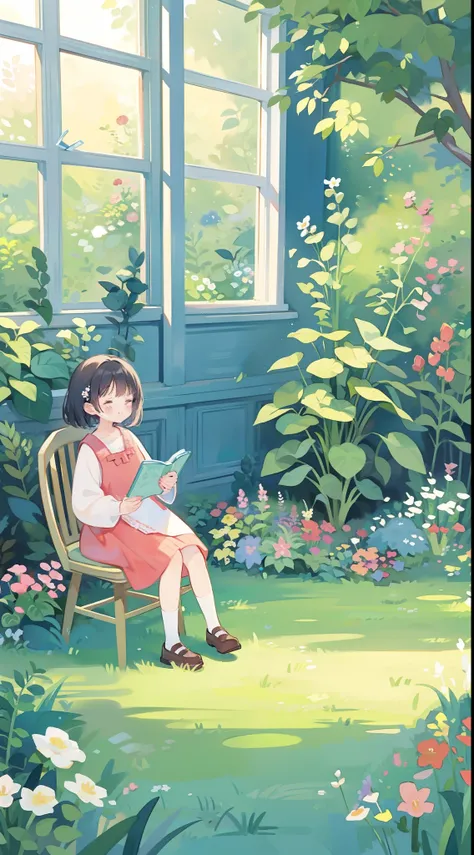 Watercolor picture book illustration, Hidden huge whimsical asymmetrical interior, by the window、Warm colors, Colorful flower garden, Overgrown vines and plants, The tree々or bushes