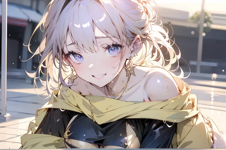 1 beauty, (Light Purple Eyeshadow),Platinum Blonde Perm Hair、(broad shoulders:1.4)、(Smaller face)、(pointed breast:1.6)、Model body type:1.2、Sharp eyes、Watery Big Eyes、(A mischievous smile:1.2)、Biker Jacket、 ((Light Gold Bikini Swimsuit:1.4)),(wet and dishev...
