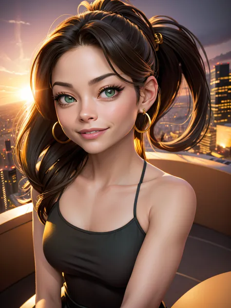 Kristin Kreuk with ponytail, golden middle looped earrings, green eyes. Fisheye, Selfie, vent, coucher de soleil, Cityscape, (Aesthetics and atmosphere:1.2),Souriant