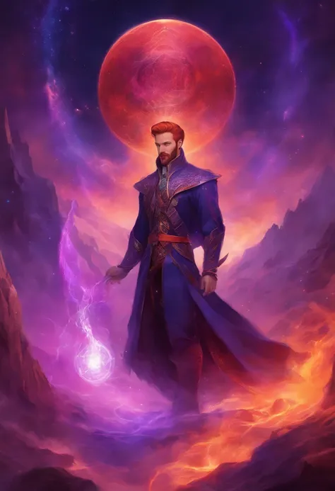 Saint Germain with short red hair, short red beard, on a violet fire background, with a crystalline pyramid over his head