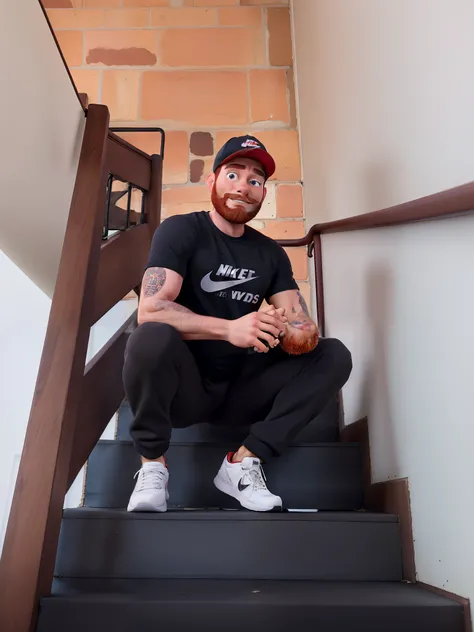 Approximately 29 years old man, brunette, red beard with new york wine cap, black nike t-shirt crouched on the stairs and white sneakers