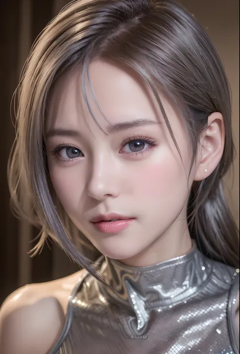 (8K, Photorealistic, Raw photo, of the highest quality: 1.3), (1girl in), Super beautiful, (Realistic face), (boyish, Silver Color Berry Shorthair), Beautiful , Glare that captivates the viewer, Beautiful expression, Beautiful breasts, (Realistic skin), Be...