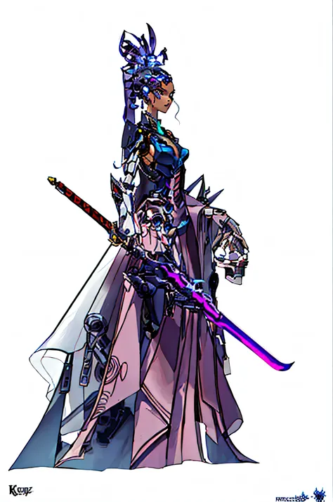 a close up of a person with a sword and a dress, Kushatt Krenz Key Art Women, holy cyborg necromancer girl, cyborg noble woman, simple futurist cyborg empress, Mechanized Valkyrie girl, ( ( concept art of character ) ), mechanized witch girl, cyborg mercha...