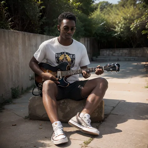 (a dark-skinned tall man playing the guitar, wearing Ray-Ban sunglasses, a Rolling Stones shirt, black high-top Converse shoes, clean-shaven with short black hair),illustration,ultra-detailed,natural scenery,professional,vivid colors,warm color tones,soft ...