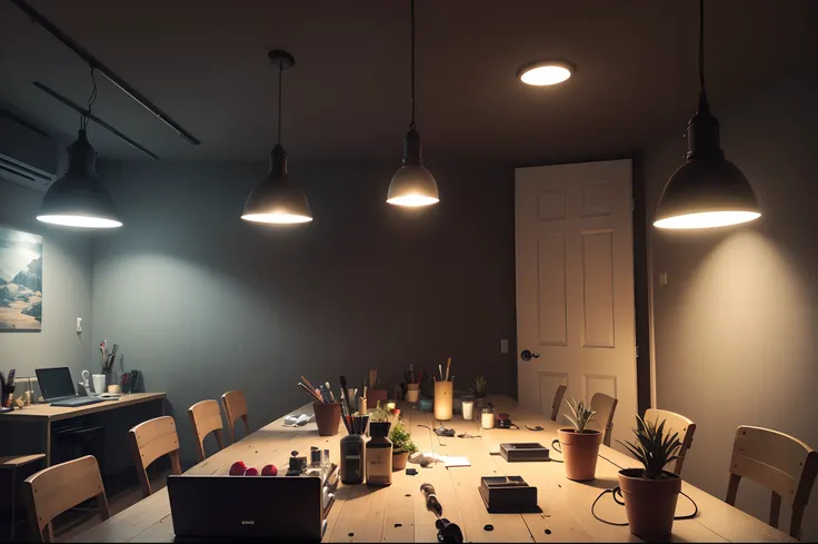 A room with a black background impressively highlights a collection of lighting equipment. No centro da imagem, Theres a sturdy stand, from which hang a number of bright and colorful light fixtures, Creating a light show. Ao redor, estandes abrigam diferen...