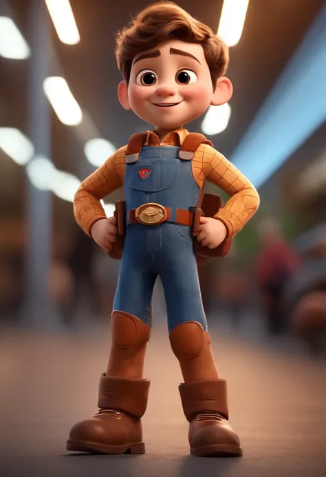 a happy cute kid standing short hair, vestindo uma fantasia espacial, , fundo branco, barnet, Tom, Estilo Pixar, ....3d, desenhos animados, rosto detalhado, asymmetrical 16k homem de 28 anos, cabelo escuro, olhos castanhos claros, em uma avenida movimentad...