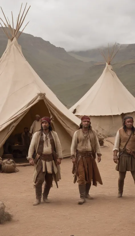 a group of Apaches standing in front of an ancient tent, official, main scene of the film, by Joseph Severn, symmetrical artwork. cinematic, America first, film characters, official art, character reveal, film promo, ( (theatrical) ), seven, character port...