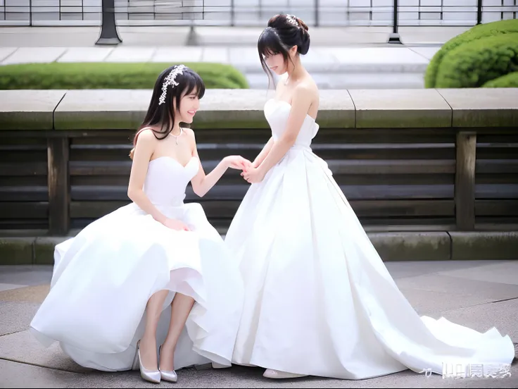 Japan female, 26 years old　wearing a wedding dress。Full-body photo。Hands are together in front of each other。White background。