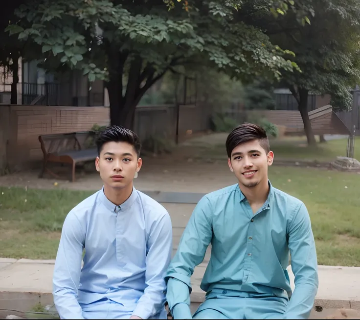 Two boys sitting on bench in park