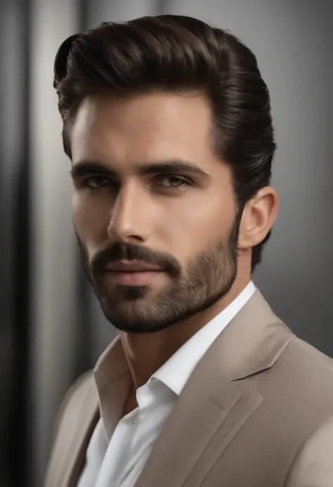 acima、Make a handsome man in his 30s in a black suit and tie, CEO, cabelos loiros escuros e barba, (Homem de terno preto e gravata), ), (Use barba,) attractive and serious appearance, cabelos curtos e escuros, Elegante e elegante, Barbear com um ajuste per...