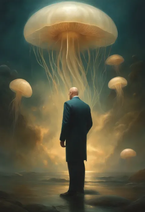 painting of a clean, bald, middle-aged white man who has no beard, with beautiful phosphorescent jellyfish around him, on a seabed, an ultra-fine detailed painting by ryohei hase, winner of the zbrush central contest, fantasy art, darius zawadzki and tom b...