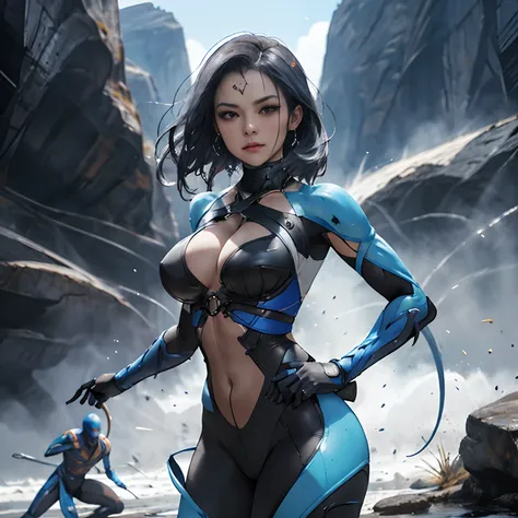 Breathtaking photo in tight suit with Kitana steel fans, Perfect Action Composition, pintura hiper detalhada, complexo, Arte 32k por DamShelma, WLOP, Kombat mortal, dramatic lighting, Arte intrincadamente detalhada, cores triádicas Unreal Engine 5, Arte co...