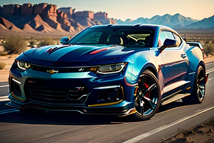 Masterpiece, best quality, 4k, automobile, black car, 2024 Chevrolet Camaro ZL1, Arizona desert backdrop, 3/4 view, cowboy shot, solo, single