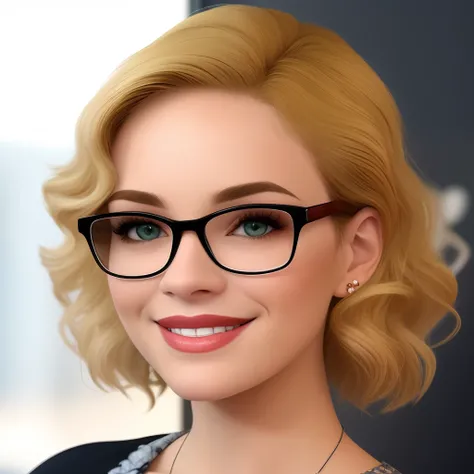 pixar Disney her blonde hair curly down to her shoulders in glasses ,ele branco cabelo curto olhos apertados castanhos ,sorriso largo