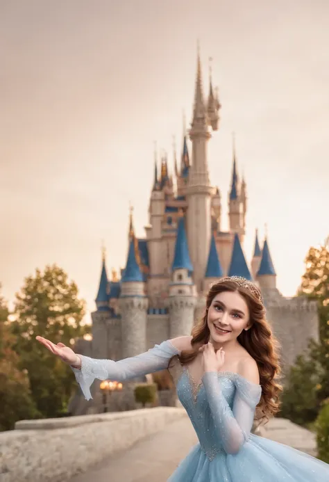 A imagem deve ser 4K HD、Duas meninas bonitas e fofas de 14 anos、The details of the face are exquisite、Vista-se como Elsa e Anna de Frozen、Two people are the same height、Um rosto redondo、A skinny melon seed face、The backdrop is the Disney Castle、fireworks、d...