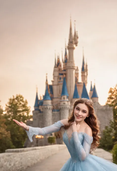 A imagem deve ser 4K HD、Duas meninas bonitas e fofas de 14 anos、The details of the face are exquisite、Vista-se como Elsa e Anna de Frozen、Two people are the same height、Um rosto redondo、A skinny melon seed face、The backdrop is the Disney Castle、fireworks、d...