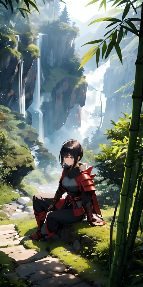 1girl, fullbody, sitting, slim, (bamboo trees), kabuto, red samurai armor, misty air, strong sunlight, mossy path, mountain village, huge weapon, mountain top scenery,