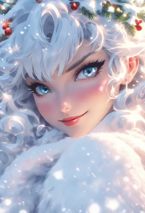 Snowy Christmas：1.3，Walking with a white wolf，Big Blue Moon，（Santa Claus Cosplay），（Conquer the blue-eyed big wolf），in snow，White hair：1.3，(​masterpiece、top-quality、top-quality、Beautifully Aesthetic:1.2)、(((White Christmas Beauty Girl)))、Cool pose、ighly det...