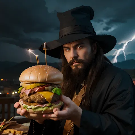 Ancient Dastardly evil wizard with long beard and pointy hat shooting lightning out of fingertips while eating giant oozing cheeseburger