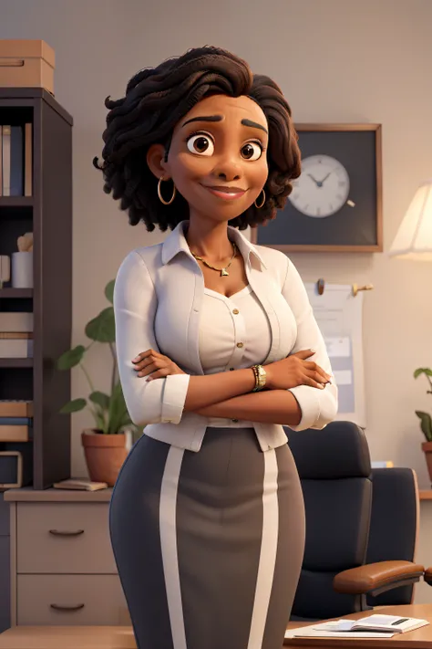 masterpiece, best quality ,Portrait of mid adult successful black mature woman looking at camera with arms crossed. Smiling african american business woman standing in new office .Portrait of mature woman.