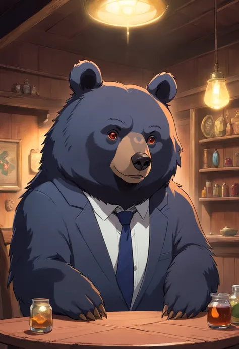 A black bear that has a human form but with a bear head and mafia clothes and has a smokey eye that sits with a moonshine that has a human form but with a moonshine head and mafia clothes and a smokey eye around a wooden table and are in the same room