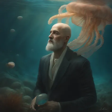 painting of a clean, bald, middle-aged white man who has no beard, with beautiful phosphorescent jellyfish around him, on a seabed, an ultra-fine detailed painting by ryohei hase, winner of the zbrush central contest, fantasy art, darius zawadzki and tom b...