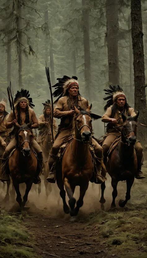 a group of Apaches running hunting after buffalo in the forest, spear, official, main scene of the film, by Joseph Severn, symmetrical artwork. cinematic, America first, film characters, official art, character reveal, film promo, ( (theatrical) ), seven, ...