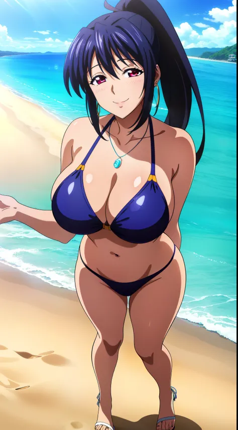 (best quality:1.5, highres, UHD, 4K, detailed lighting, shaders), himejima akeno, ponytail, large breasts, bikini, necklace, earrings, (pov, close sy, erotic, smiling, standing, beach background