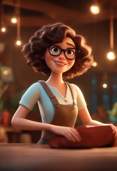 Pixar style image with 3D character white glasses brunette woman short curly hair dancing, Maquiagem Disney,Pescador, bonitinho, sorridente ,Close-up, Pixar, Disney, Cinema lighting,