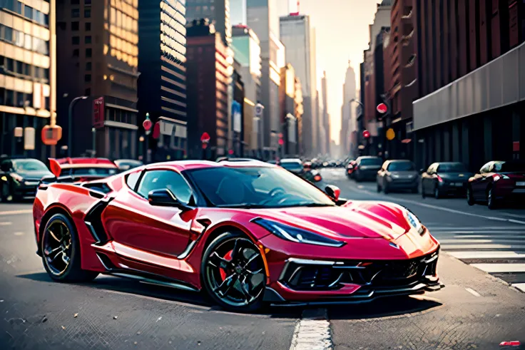 Masterpiece, best quality, 4k, automobile, red car, 2024 Chevrolet Corvette, New York City street backdrop, 3/4 view, cowboy shot, solo, single