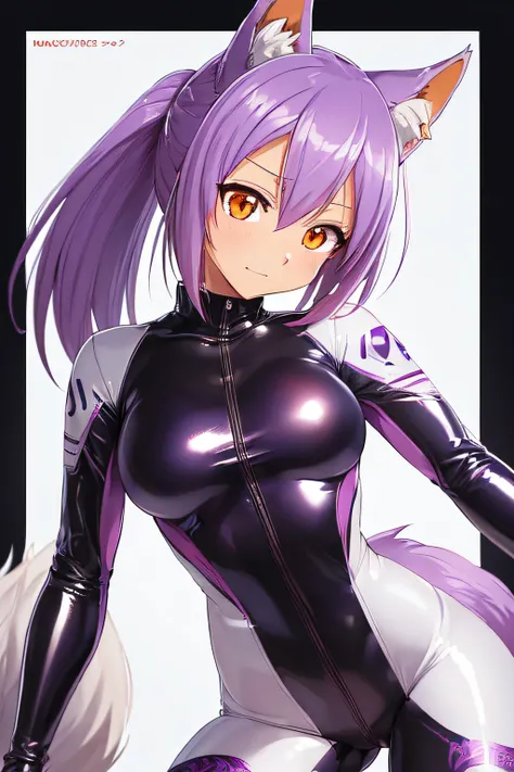 (masutepiece, Best Quality, hight resolution:1.4), Detailed, Intricate details, 4K, 1girl in, (Beautiful Antro Wolf Girl, purple fur), White ponytail, Orange Eyes, Latex Bodysuit Racing Suit Sporty, Simple background, Best Quality,Normal