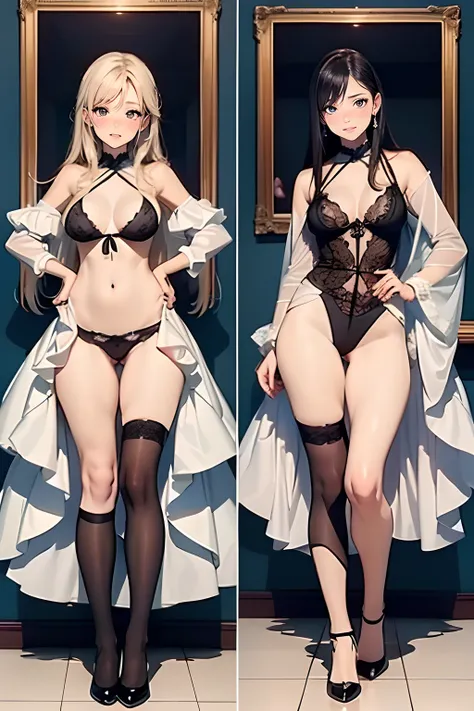 high-level image quality、top-quality、Detailed drawing、Does not blush cheeks、Slender adult beauty、maid clothes、White swimwear、Small eyes、knee high、Stockings、naughty face, naughty, huge breasts, framed breasts, panties, bottomless, pantyshot, full body, brea...