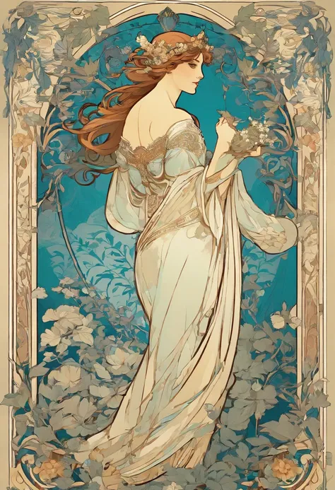 8K.Poster illustration in Alphonse Mucha style, Flat painting, beautiful nordic woman、,Full body like,slenderbody, Art Nouveau, Plants in the background,C cup breasts、 masutepiece, Alfonse Mucha,Blue clematis、 high details