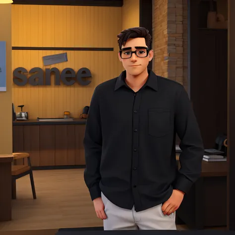 Create a man with black shirt and hands in pocket wearing glasses