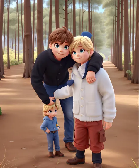 Children among trees posing for photo, The child in black has blue eyes and blond hair and the boy in white has brown eyes,  estilo disney pixar, melhor qualidade, alta qualidade