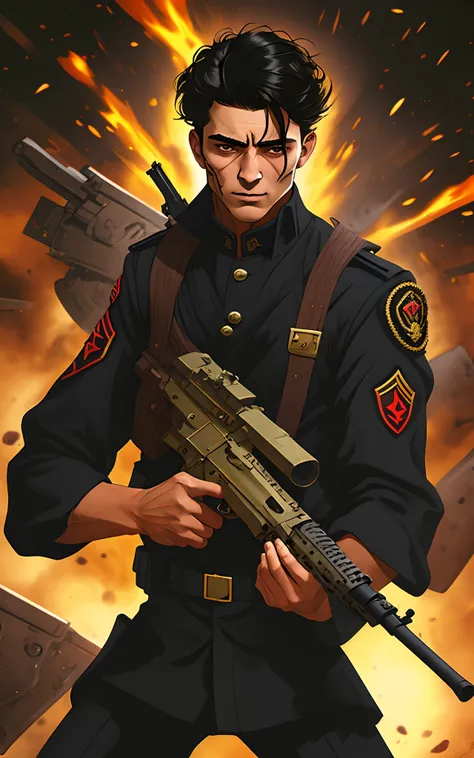 black-haired man soldier gun in battle