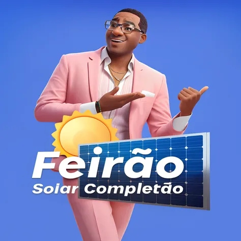 Homem negro, careca, bespectacled, de terno rosa apontando para um painel solar