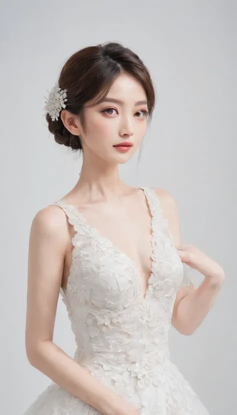 Japan Female, 26 years old。Photo taken alone。wedding photos。Wearing a long wedding dress.、The hairstyle is upstyled with tight chignon hair。No hair ornaments。Full body photo against a white wall。Portrait-like composition of full-body pose with hands togeth...