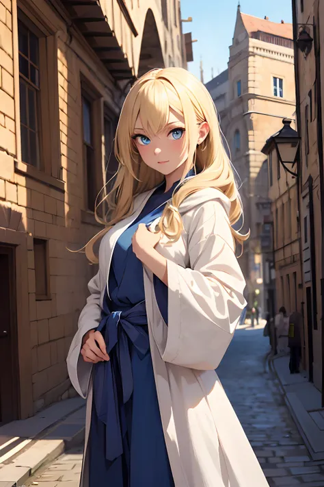 masterpiece, best quality, 1girl, blue eyes, blonde hair, medieval city, looking at viewer, robe, hands in pockets