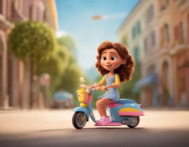 Crie um personagem Disney Pixar. Trata-se de uma menina de 5 anos que se chama Sophia. She has curly hair in medium blonde color and wears a hairstyle that pins her hair back through two built-in braids that end one for each side, um pouco abaixo da altura...