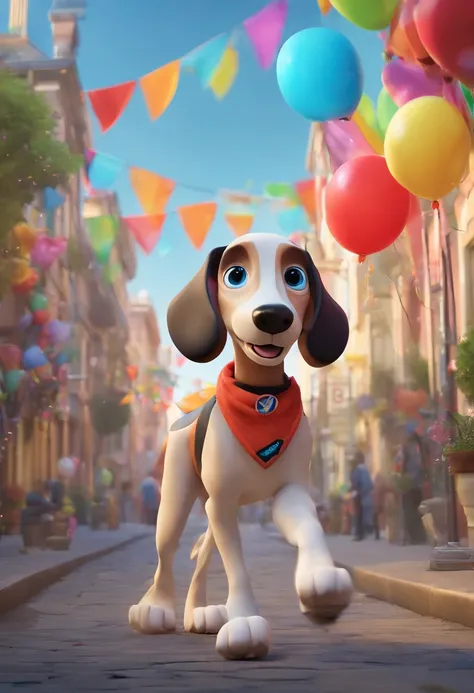 Poster 3D inspirado na Disney/Pixar, uma cena com uma cachorra whippet branca malhada, Happy running after colorful balloons on the street, signs with the name BLACK and a girl with shoulder-length curly black hair with open arms smiling and happy in jeans...