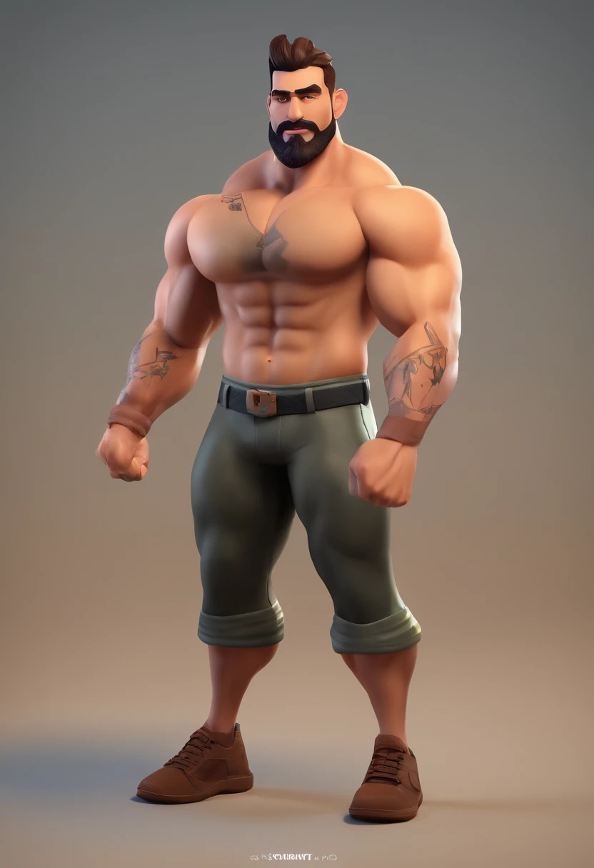 Estilo Pixar: Olhos castanhos, homem de 30 anos, Muscular and athletic brown hair cut in gradient,with medium brown beard with gradient,com brincos de diamante,Tattoo on left forearm and anchor tattoo on left calf and training in the gym.