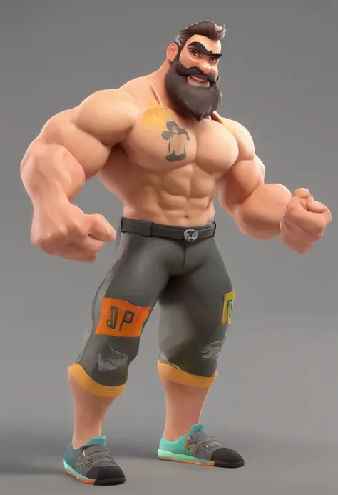 Estilo Pixar: Olhos castanhos, homem de 30 anos, Muscular and athletic brown hair cut in gradient,with medium brown beard with gradient,com brincos de diamante,Tattoo on left forearm and anchor tattoo on left calf and training in the gym.