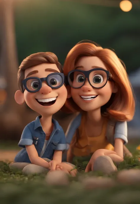 Pixar. Casal com um filhote de cachorro beagle marrom. A menina tem os cabelos loiros amarrados, Camiseta cinza e jeans claro, white glasses. O menino de cabelos pretos com cabelos grisalhos, barba pequena, oculos, Dark blue jeans and gray t-shirt. They ar...