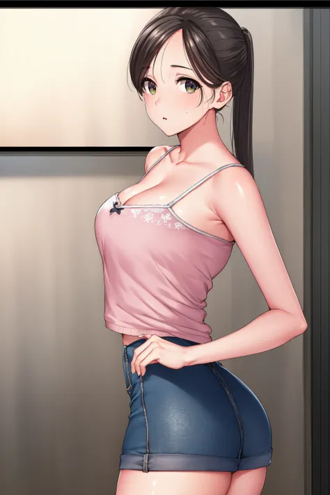 akaneyoshizawa, akane yoshizawa, black hair, ponytail, (green eyes:1.5), swept bangs, long hair,
break wearing (pink bra), cardi...