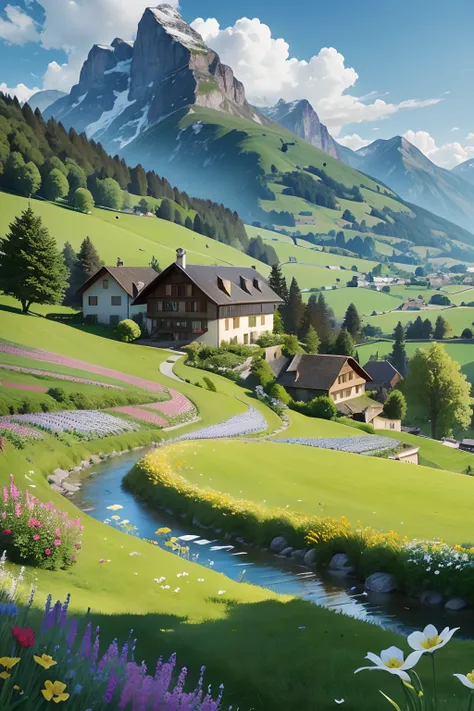 Peaceful and idyllic countryside, Rolling green hills dotted with grazing sheep, Charming villa，vivid flowers々Surrounded by, Clear blue sky overhead, Evokes a sense of peace and simplicity, Beautiful valley, Switzerland, Green Field Patch, lush countryside...