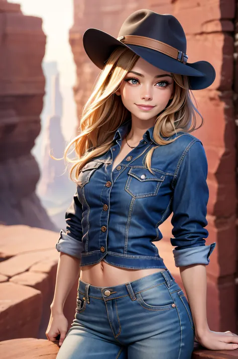 tmasterpiece, Hdr, 4K, 8k, Best quality, Kristin Kreuk alone, portant une chemise en jean avec un chapeau de cow-boy:1.4, jean en jean:1.5, cheveux bruns, Detailed face+Yeux verts, ceinture de cow-boy, seins moyens, sourire, Regarder le spectateur, cheveux...