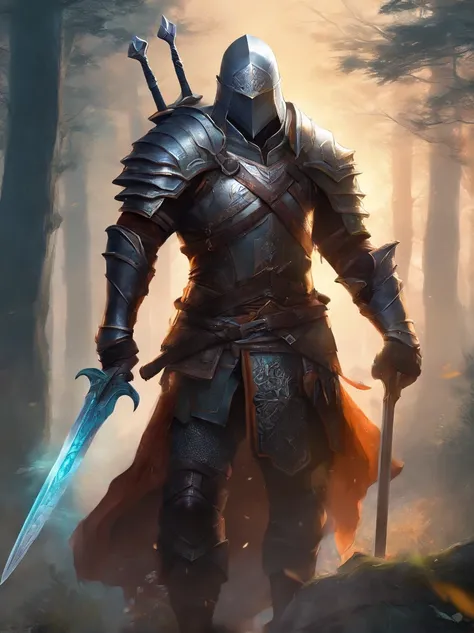 (highres,photorealistic),short black hair with gradient,face with masculine features,elf in a heavy paladin armor with battle-worn details,carrying a great sword,emitting a divine aura,standing in a mystical forest,under the soft glow of moonlight,portrayi...