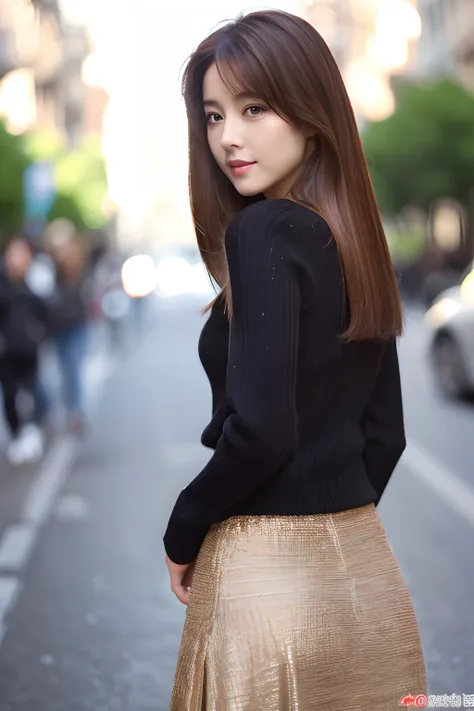 ((top-quality、in 8K、​masterpiece:1.3))、foco nítido:1.2、Beautiful woman perfect body:1.4、Slim abs:1.2、((Longhaire、straight haired:1.2))、(Black knitwear、tight skirts:1.1)、(Sateen、a street:1.2)、wetbody:1.5、Three-dimensional texture、A detailed eye、Brown hair、V...